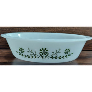 Vintage Glassbake Oval Green And White Flower Baking Dish 235527 FLAWS